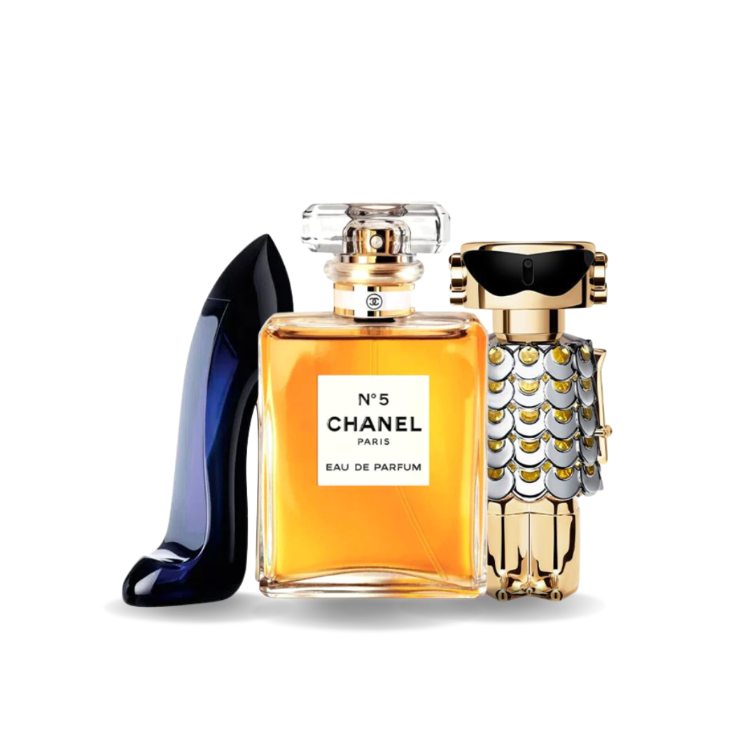 3 Perfumes Combinados - Good Girl de Carolina Herrera, N.º 5 de Chanel e Fame de Paco Rabanne
